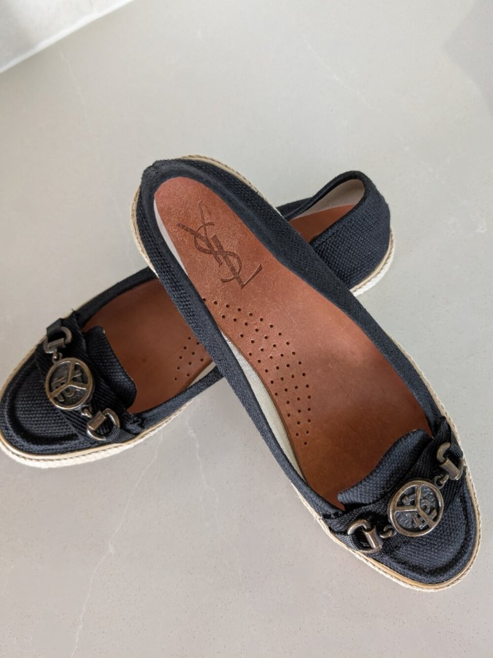 Yves Saint Laurent Black Canvas Espadrille Loafers with Metal YSL Medallions